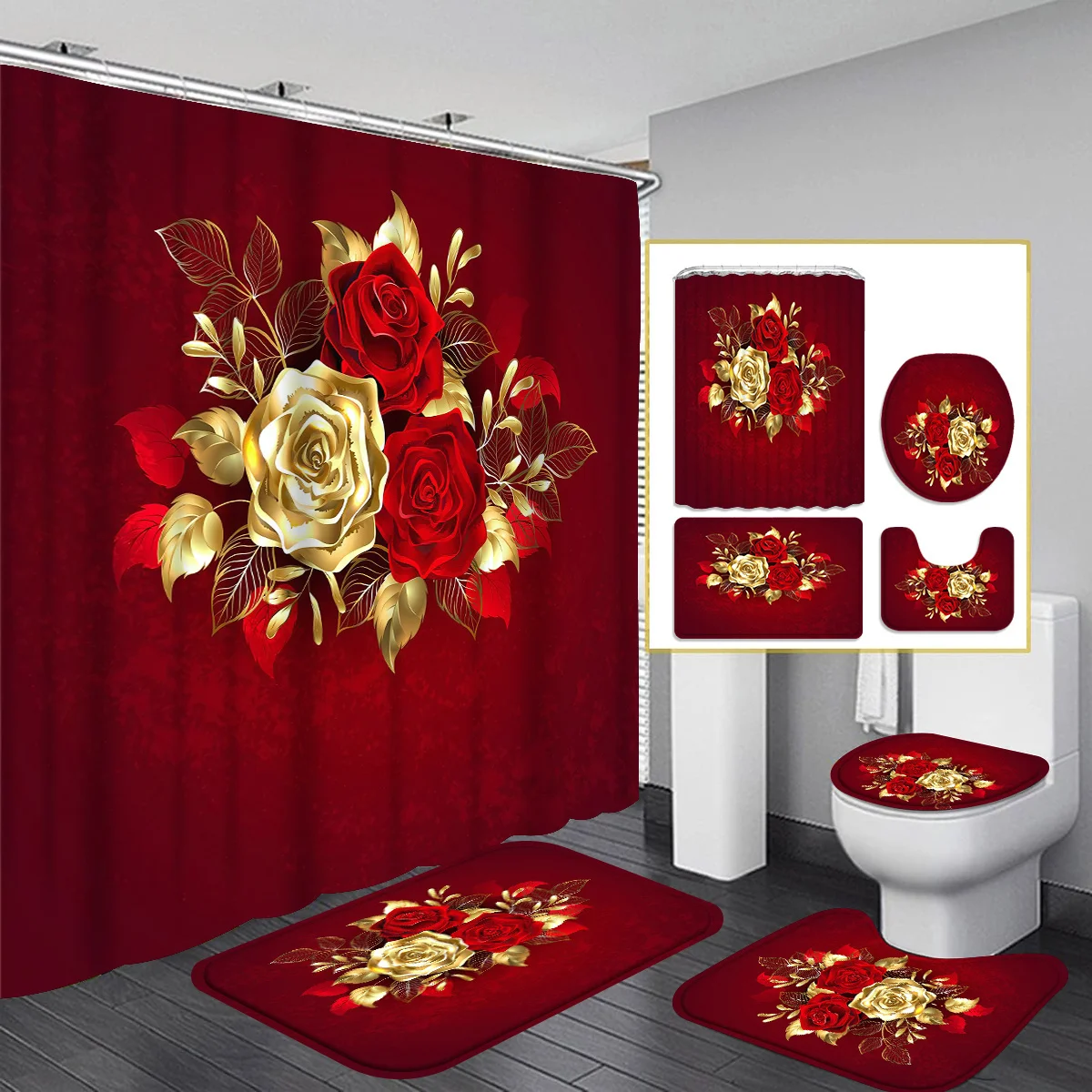 4pcs Red Rose Floral Waterproof Shower Curtain Set - Modern Arts Design, Medical Privacy Curtains, Wipe Clean, Unlined Knit