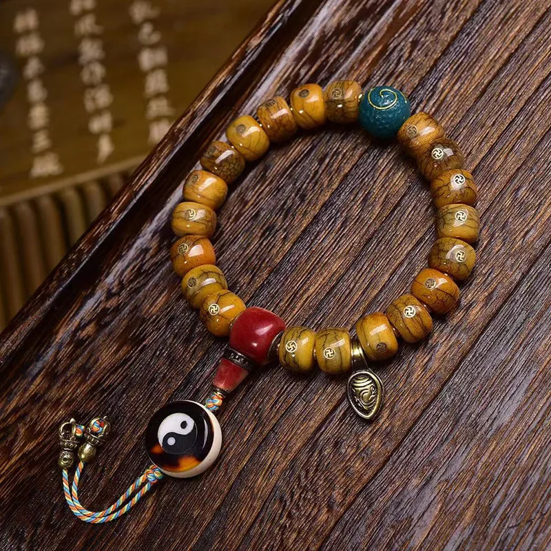 Tibetan Legend Yak Bone Copper Ten Thousand Words Inlaid Single-Wrap Half Blood Carving a Dai Three-Way Bracelet