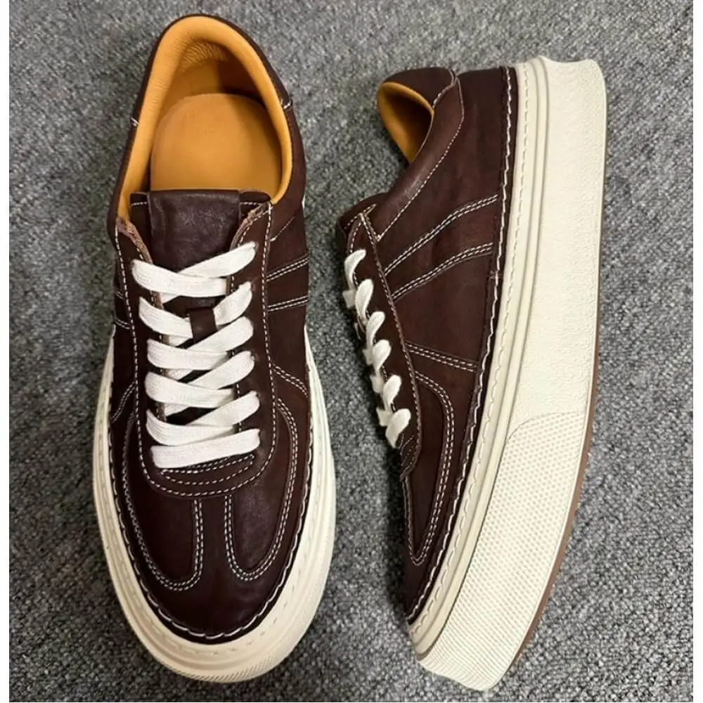 Dark Brown Burnished Leather Platform Sneakers, with off-white stitching and laces, stylish and comfortable,