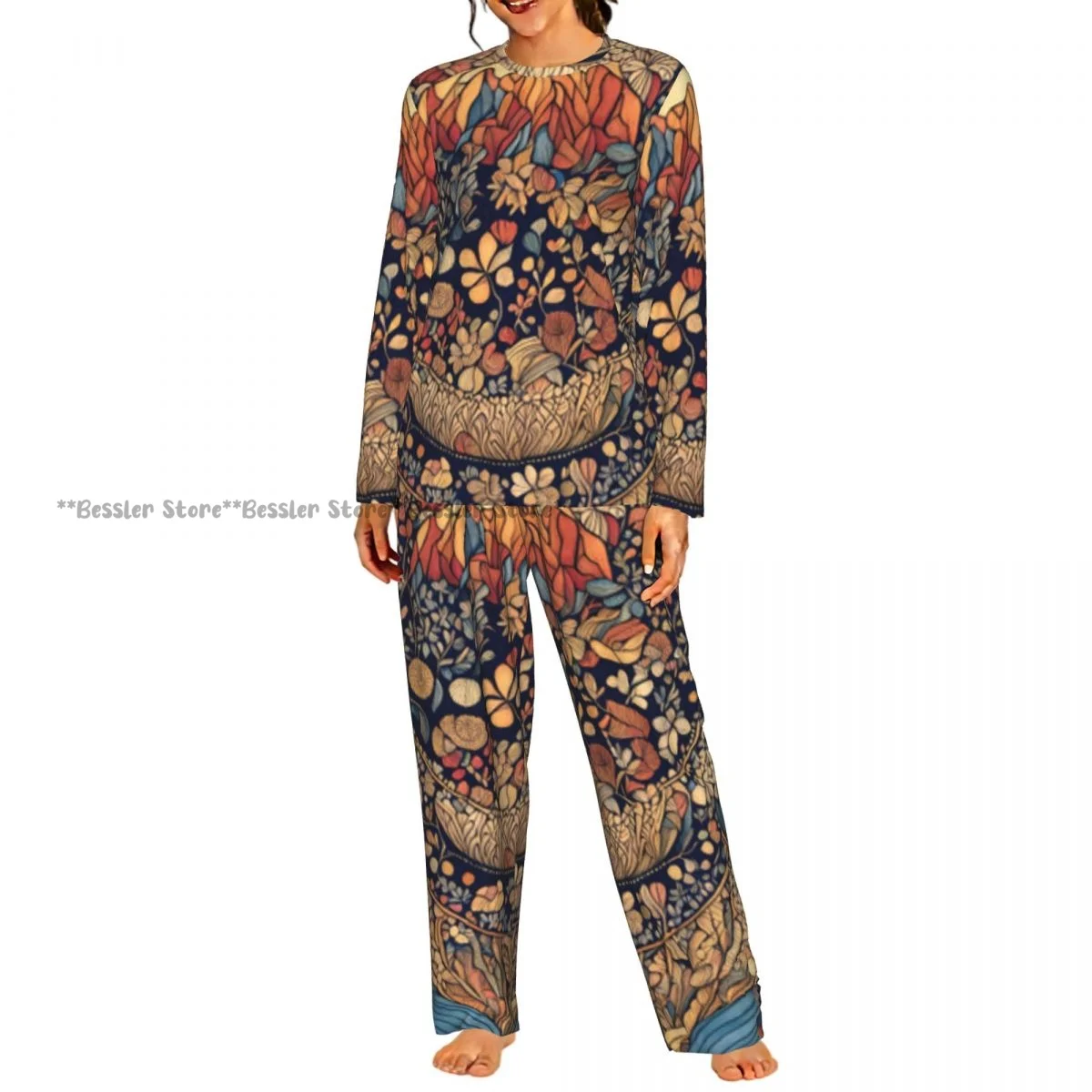Women Casual Round Neck 2PCS Sleepwear Set Long Sleeve Shirt & Long Pants Sun Moon And Stars Daily Home Loungewear