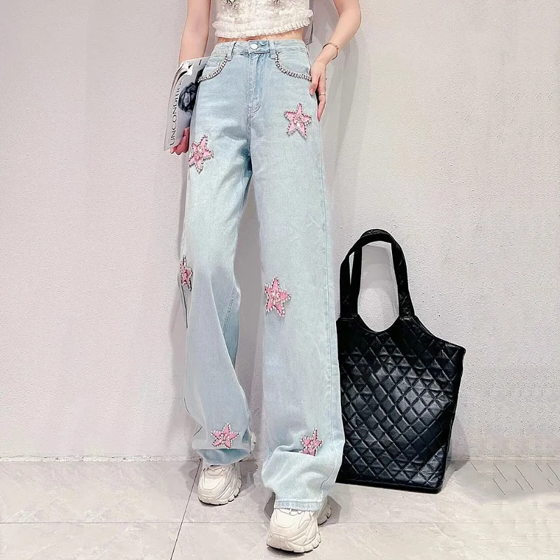 

Heavy Embellished Star Design High Waist Straight Leg Jeans Women's Summer New Loose Slimming Wide Leg Long Trousers