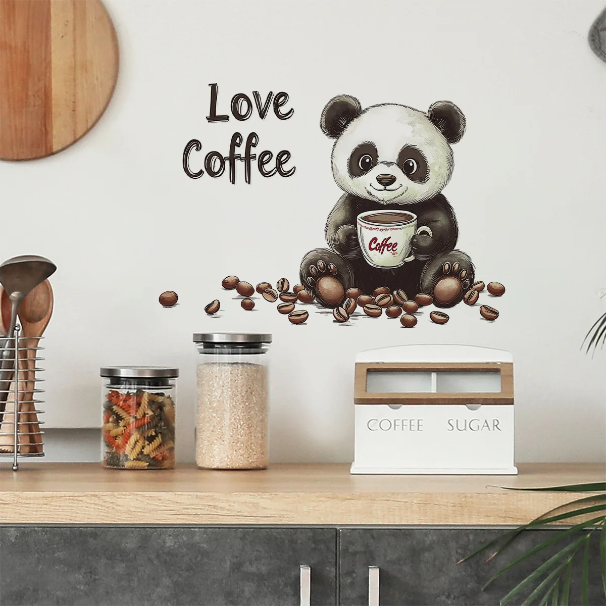 Panda Drinking Coffee Creative Self-Adhesive PVC Wall Stickers for Living Room Dining Room Bedroom Home Decor AA461