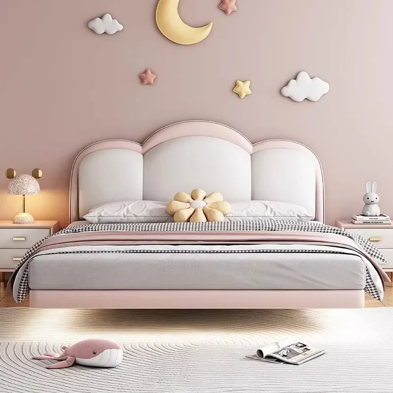 Children's floating bed with induction light soft pack solid wood girl Princess bed Small unit cartoon single bed for children