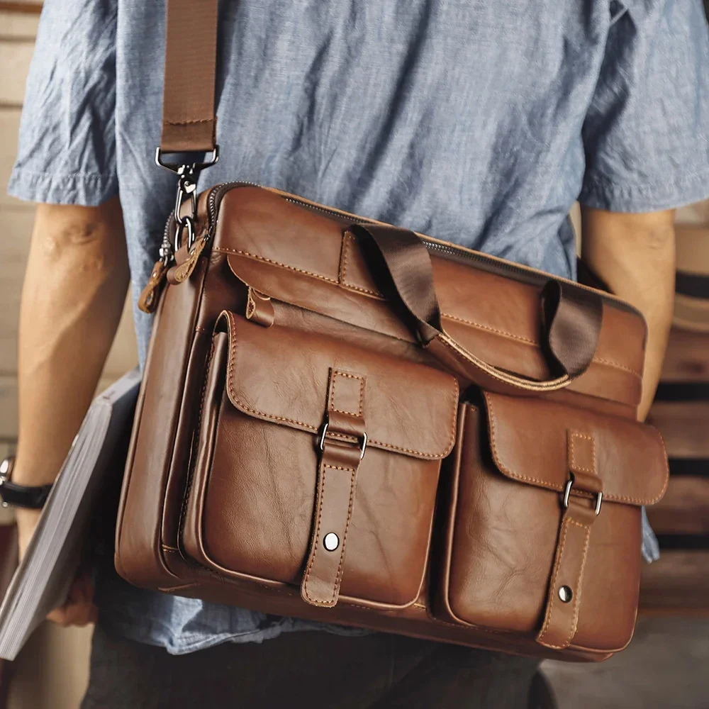 Genuine Leather Men's Briefcases 15.6" Laptop Bag Business Messenger Bag Work  Male Shoulder Bag Handbag Tote Portfolio