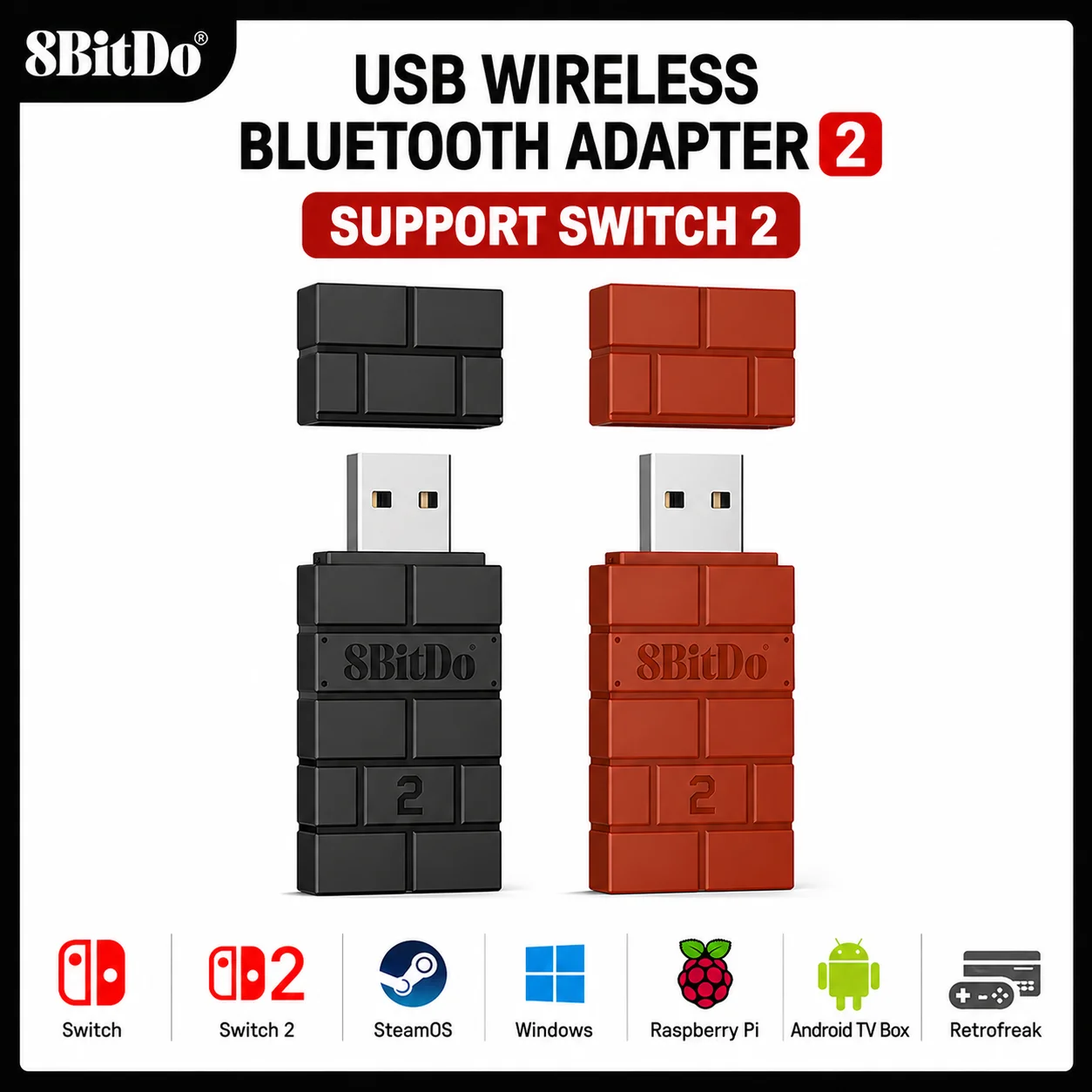 8BitDo USB 무선 블루투스 어댑터 수신기 (닌텐도 스위치 2, 윈도우, 맥, PS1, Xbox One, PS4, PS5...