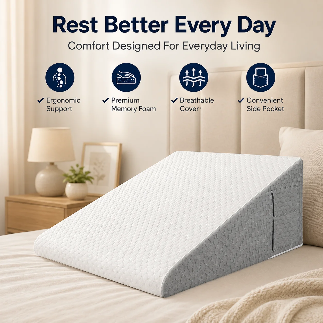 Memory Foam Wedge Triangle Pillow Removable Washable Cover For Sleeping Back Pain Relief Acid Reflux Rest Reading Support Pillow