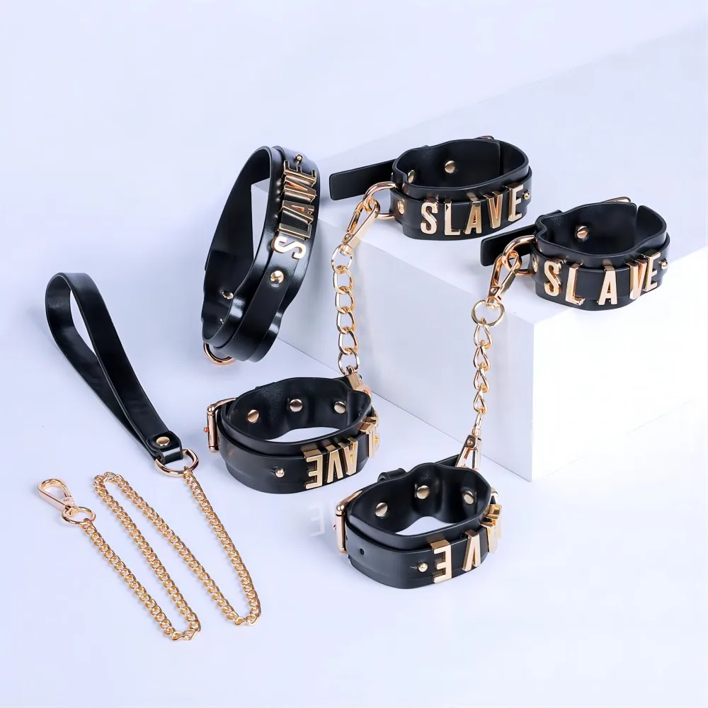 

Bondage Collar Three-Piece Set with Letters SM Cosplay Femdom Punishment Props Forced Bondage Handcuffs and Leg Cuffs Sex Toys