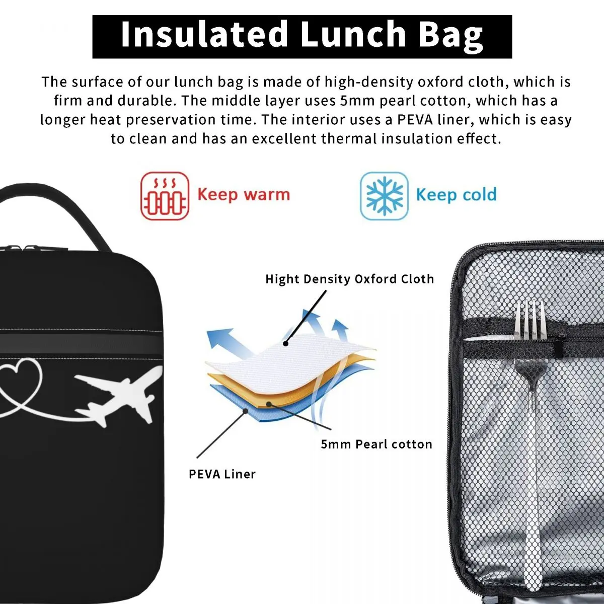 Airplane Pilot Heartbeat Insulated Lunch Bag for School Aviation Aviator Gift Resuable Cooler Thermal Bento Box Women Children