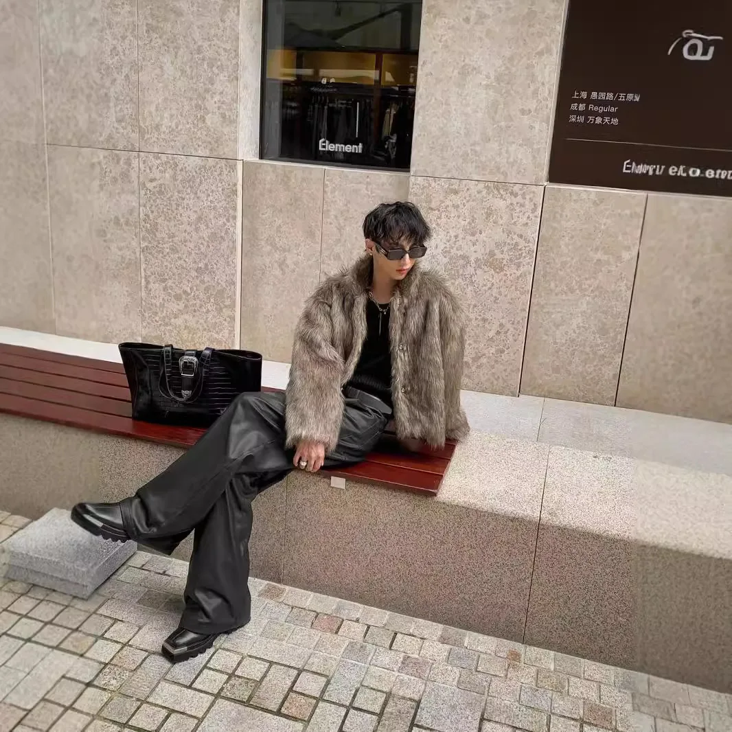 

Куртка из искусственного меха, мужское короткое пальто, зима 2025 г., плотная теплая открытая верхняя одежда, винтажное пальто с отложным воротником, уличное пальто