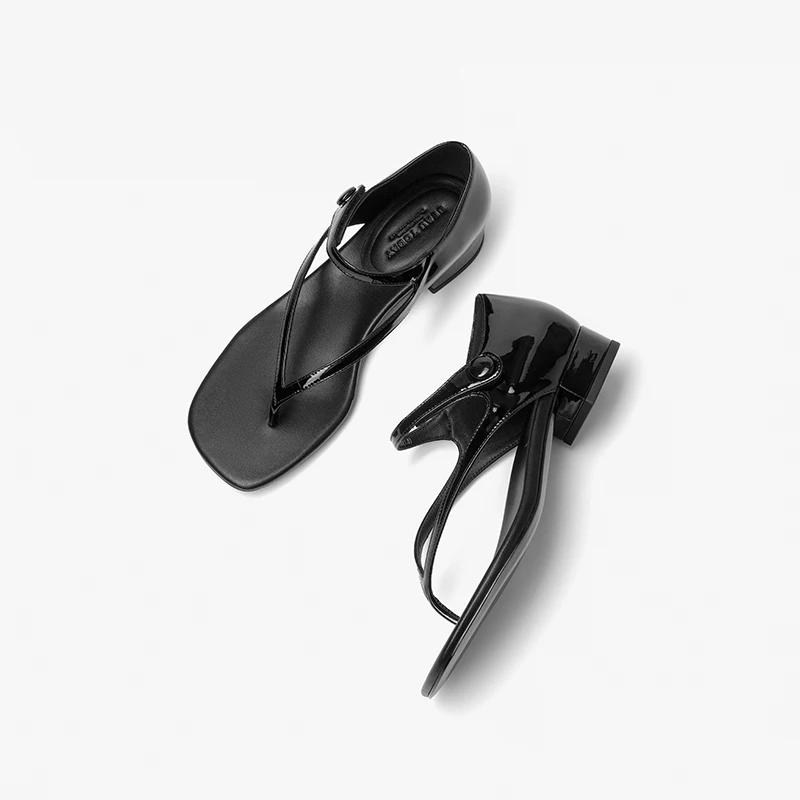 BEAUTODAY Fashion Sandals Women Patent Leather Flip Flop Ankle Button Square Toe Pumps Ladies Mid Heel Shoes Handmade 32498