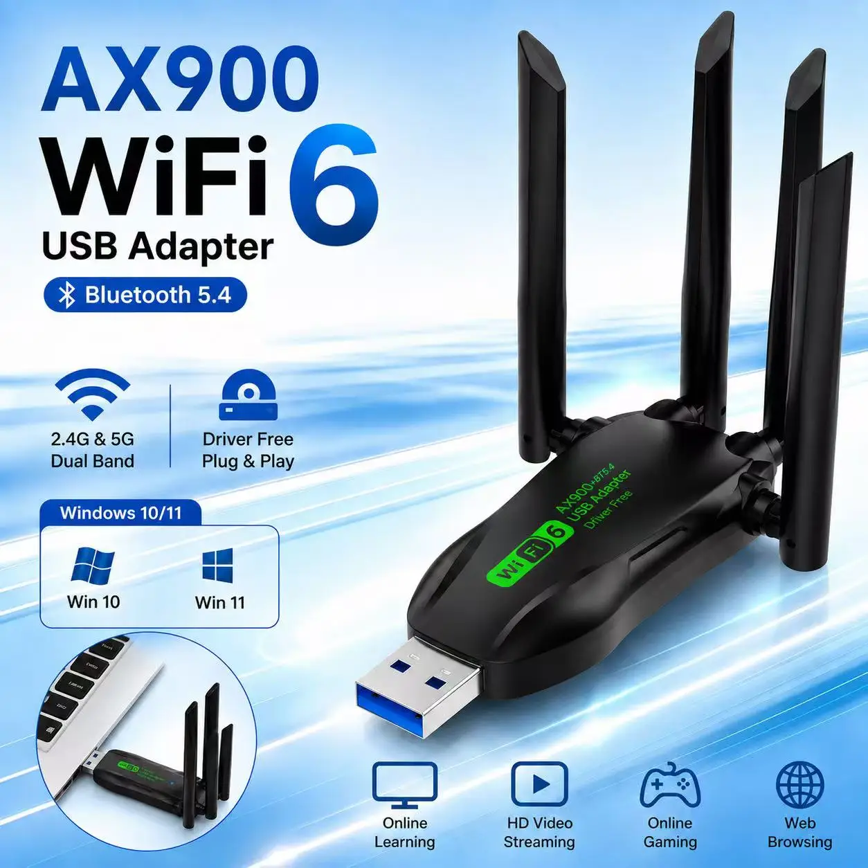 900Mbps WiFi6 BT5.4 2-in-1 USB Wireless Network Adapter Dual Band 2.4G 5G High Speed WiFi Receiver Dongle Compatible Win10 Win11