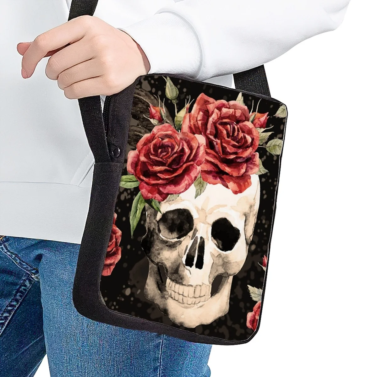 Jackherelook Gothic Skull Rose Pattern Messenger Bags for Children Teenagers Schoolgirl Crossbody Bags Casual Boy's Shoulder Bag