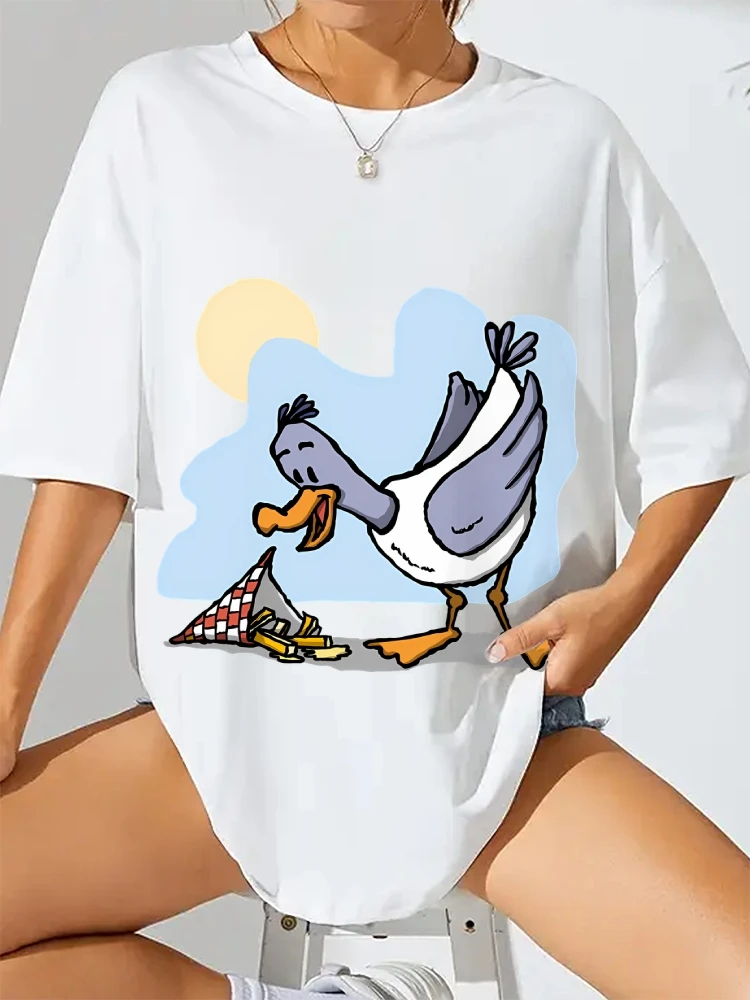 تي شيرت كلاسيكي بأكمام قصيرة من القطن برقبة دائرية مع رقائق أكل النورس جرافيك تي شيرت ملابس الشارع ملابس نسائية هاراجوكو ملابس علوية غير رسمية #5