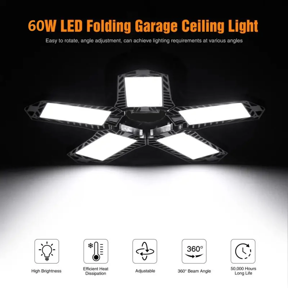 INDA/E26-Lampe de Garage à LED 60W, Ventilateur Réglable et Déformable, Luminaire de Travail Industr
