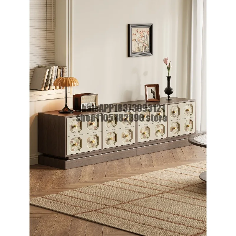 Medieval retro pattern TV cabinet household living room TV locker solid wood