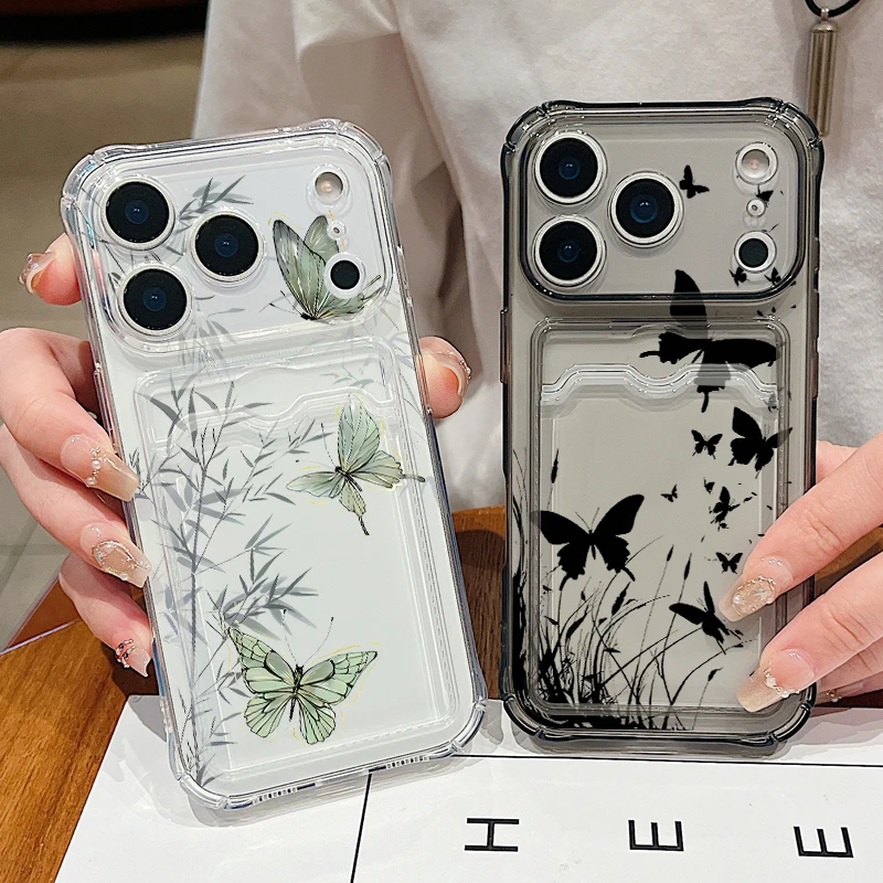 Kartenfach-TPU-Handyhülle für iPhone 17 16 Pro Max 15 14 13 Pro Max Stoßfeste Schmetterlings-Bedruckte Weiche Silikon-Klarhülle