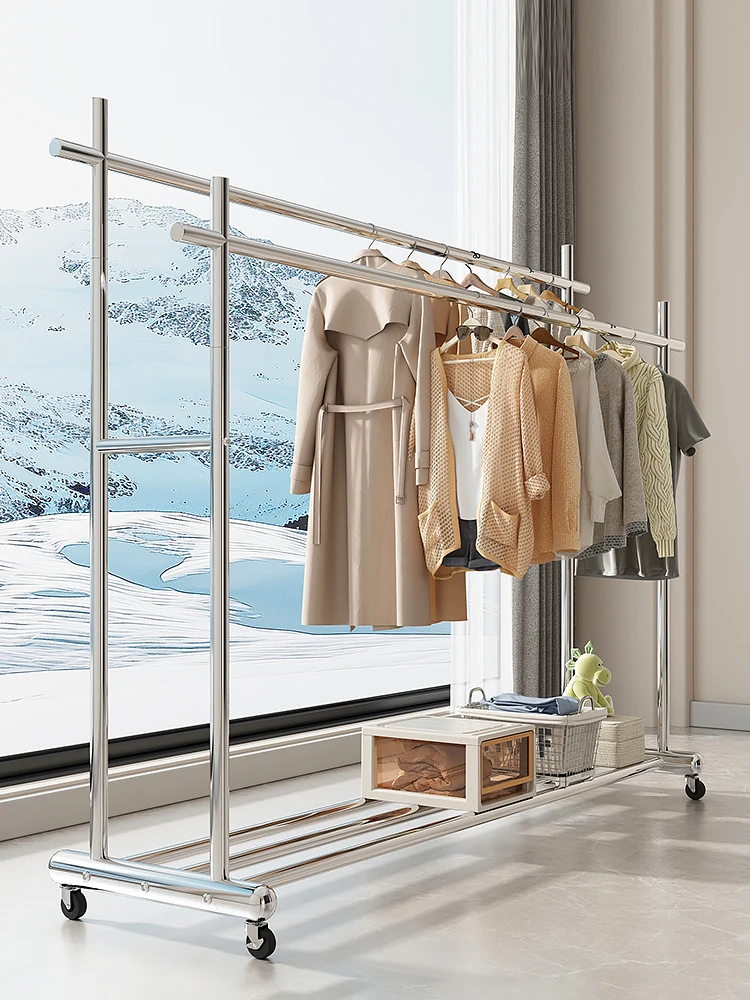 

Stainl Steel Freestanding Double Rod Clothes Drng Ra for Clothing Store And Bedroom Simple Design No Adjusent Needed