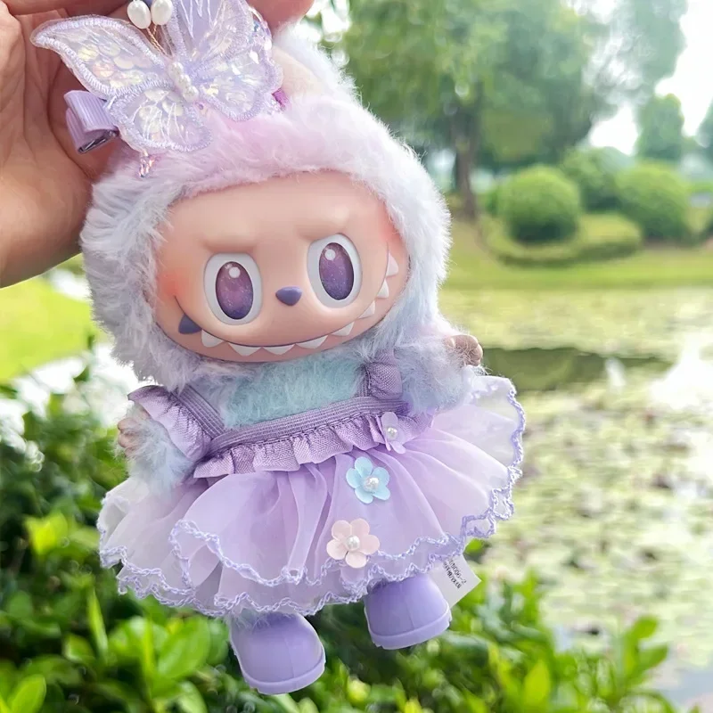 2026 novo para 15/17cm labubu vinil boneca de pelúcia roupas labubu pingente sorte roxo arco vestido labubu v1/v2/v3 roupas acessórios