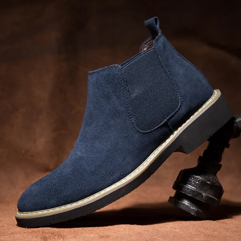 

High Quality Men's Chelsea Boots British Style Comfy Suede Leather Boots For Men Blue Slip-on Pointed Toe Boot Man Ankle Boots