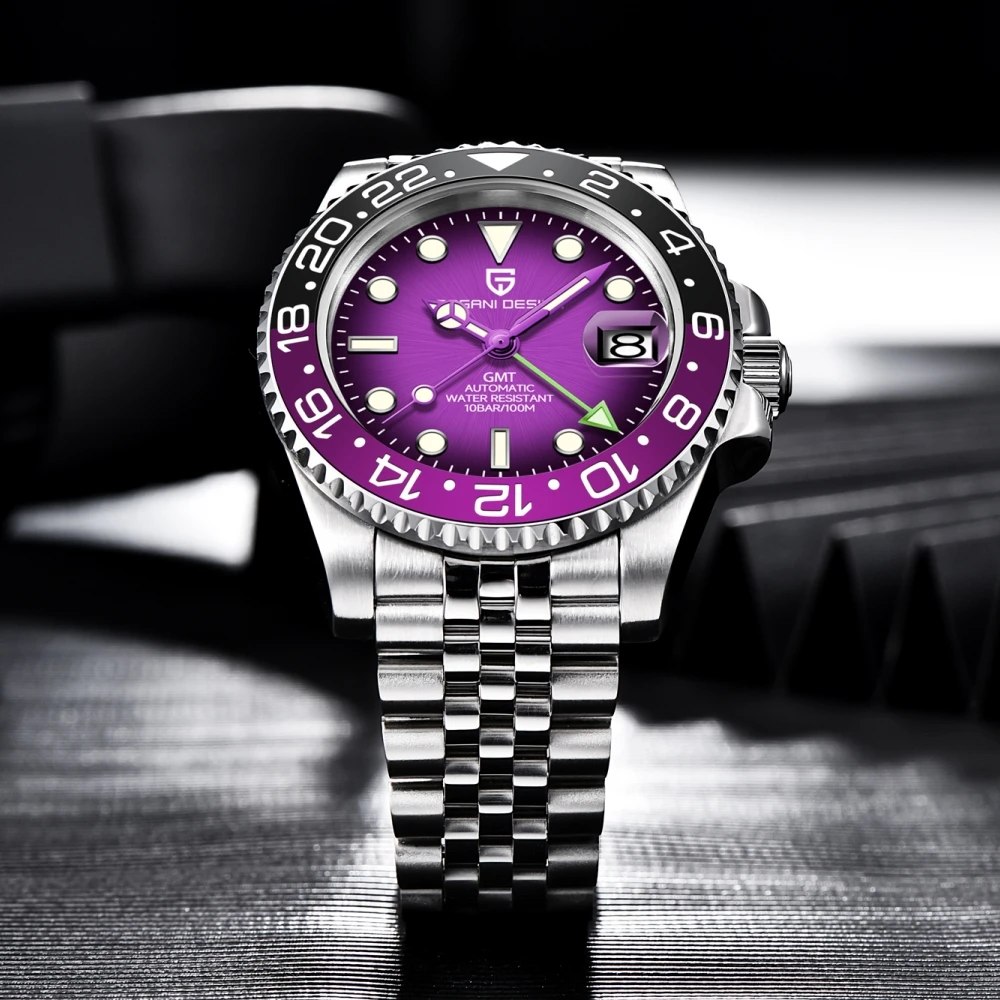 PAGANI DESIGN 2026 V2 Edition 40MM Black Purple Luxury GMT Mechanical Watch Jubilee Strap Sapphire Glass Stainless Steel Waterproof Watch for Men Gift