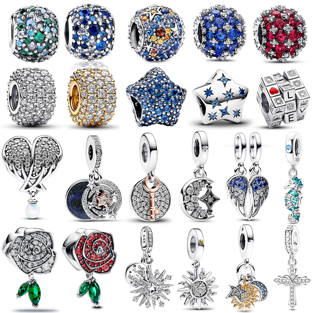 Authentic 925 Sterling Silver Charm Sparkling Star Moon & Sun Pendant Fit Original Bracelets DIY Women Necklace Jewelry Gift