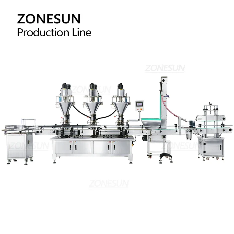 ZONESUN Pulver Schnecke Füllung Verschließmaschine Servomotor Flasche Glas Mehl Chili Kakao Verschluss Versiegelung Produktionslinie ZS-FMYG1