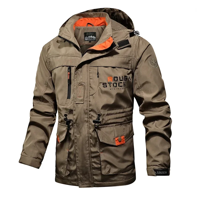 Veste de dehors Cargo pour Homme, avec Capuche Amovible, Coupe-Vent, Fermeture Éclair Extérieure, Multi-Poches, Automne Printemps