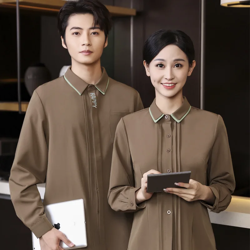 Waiter Workwear Shirt Restaurant Cafe Milk Tea Shop Fashion Slim-Fitting Work ClotheslogoWomen's Long Sleeve