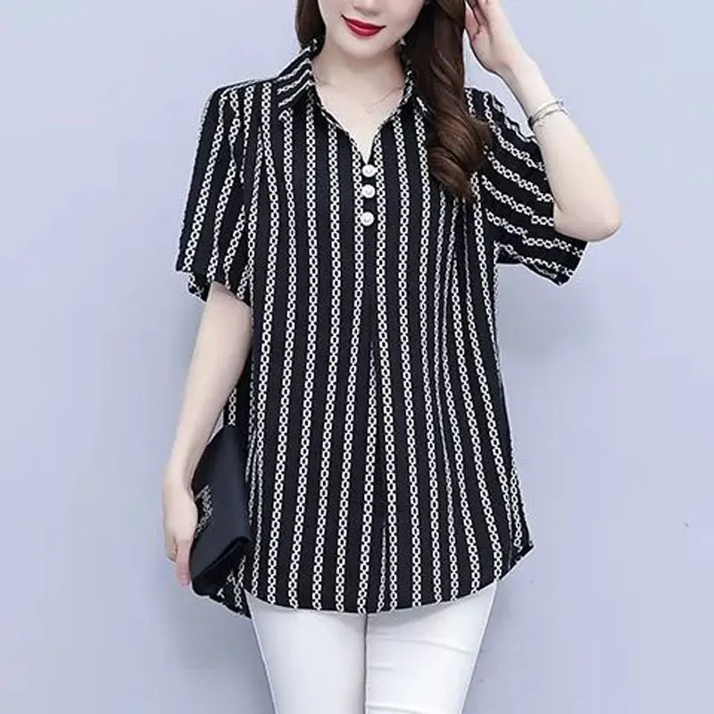 Summer Short Sleeve Blouse Turn-down Collar Stylish Button Female Clothing Casual Printed Loose Commute Korean Striped Shirt New