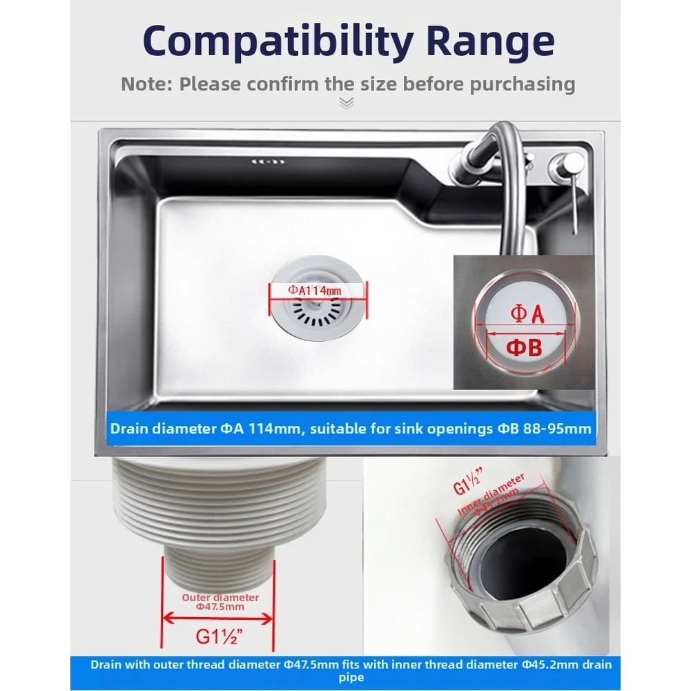 114mm Sink Drain Basket Strainer with Double Sealing Rings and 18 Vent Holes for 88 95mm Hole Kitchen Installation