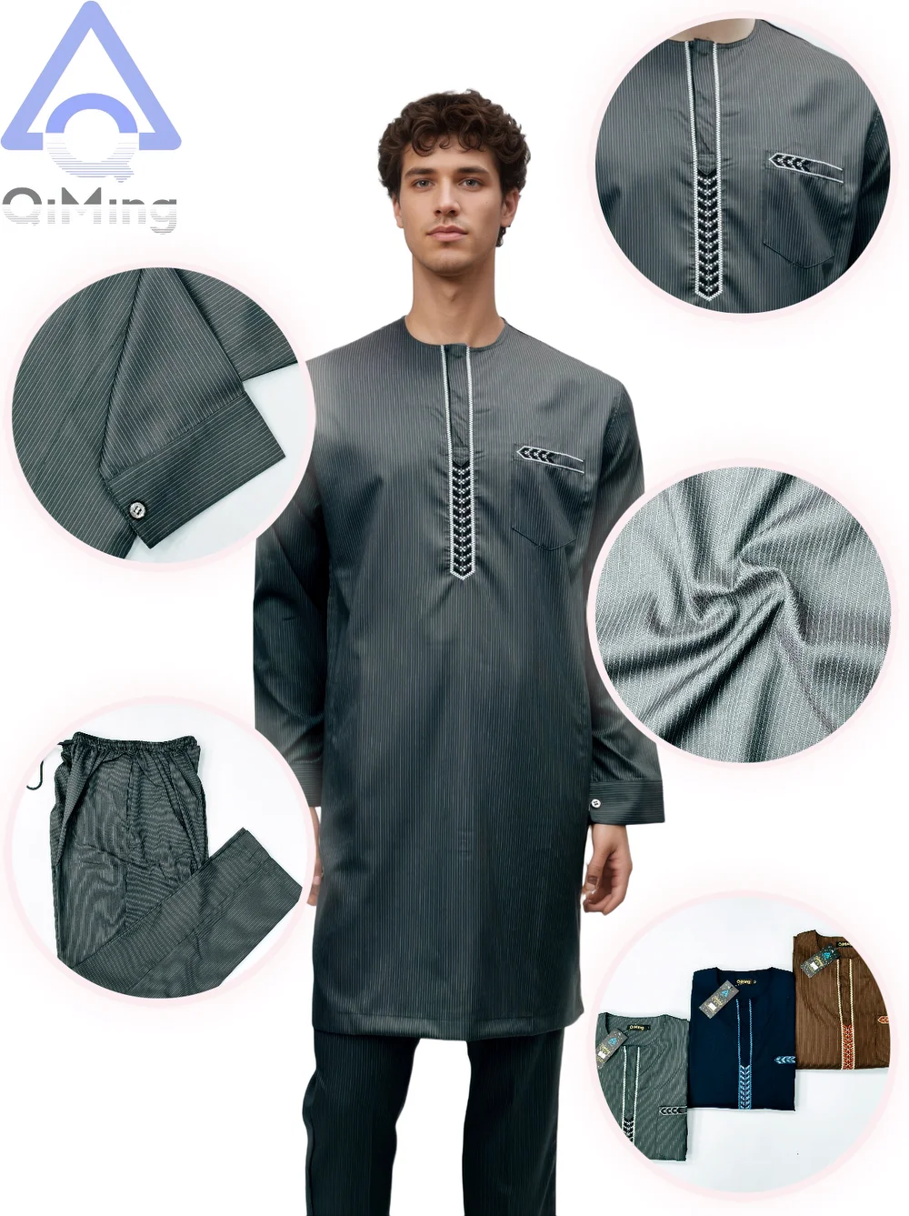 طقم زفاف تقليدي إسلامي أفريقي شيلابا رجل كم طويل 40% قطن مطرز قفطان مغربي متواضع الجلابة العيد الإسلامي #5