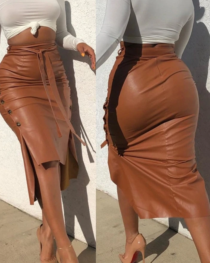 

Fashionable Autumn Skirt Buttoned Slit Pu Leather Midi Chocolate Skirt Sexy Slim Fit Hip Hugging Elegant Dress for Women