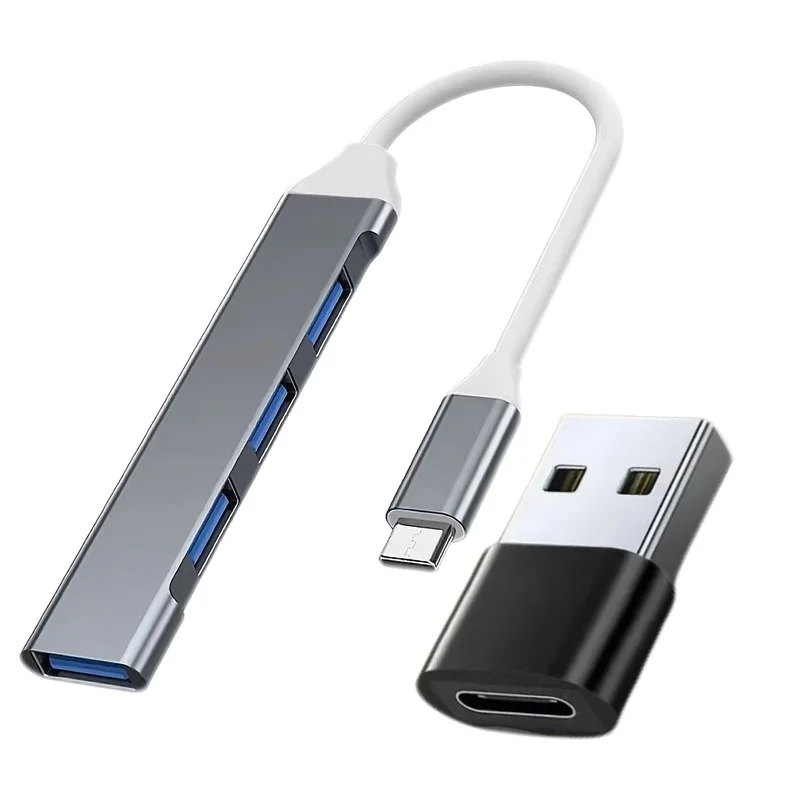 4Mouth USB 2.0 Hub Aluminum Alloy USB Splitter, Belt USB-C Short-term and USB-A Turn Type-C Female Adapter Set, Portable Multi-P
