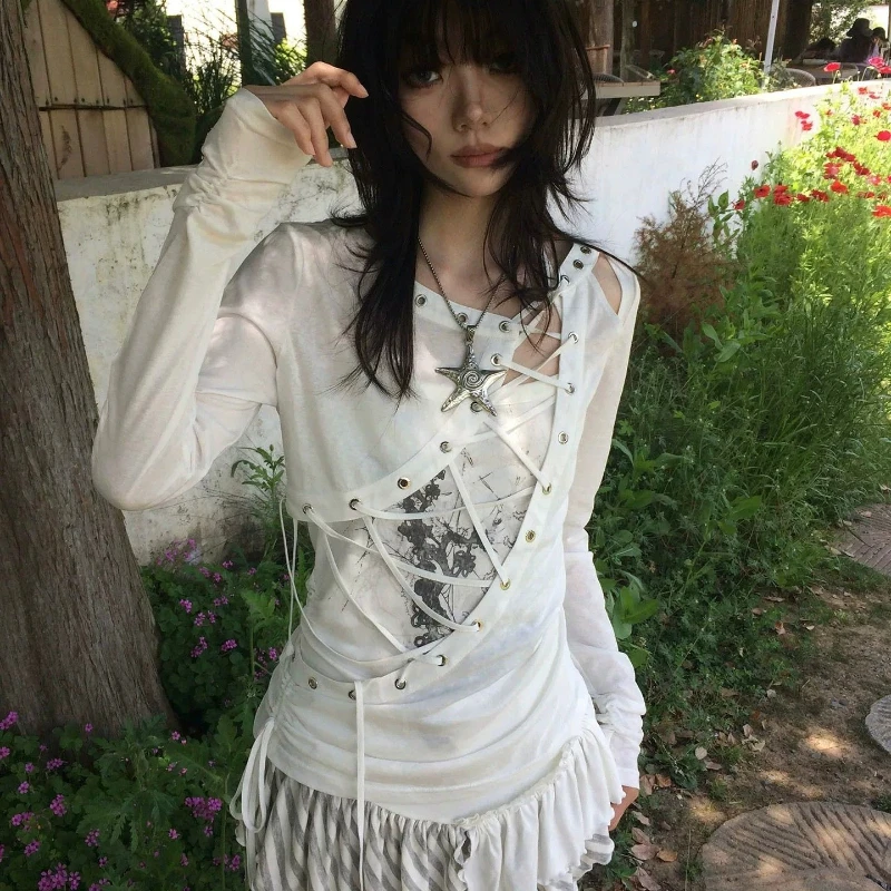 Subculture Harajuku Fairy Grunge Tops Set Women Japanese Vintage American Style Lace Up Print T Shirts Long Sleene Patchwork Tee