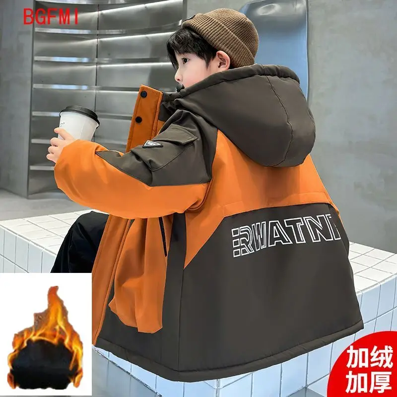 Winter Warm Boys Fleece Lined Patchwork Hooded Zip Jackets School Kids Windbreaker Parka Children Track Coats Outfit Tops 5-16Yr