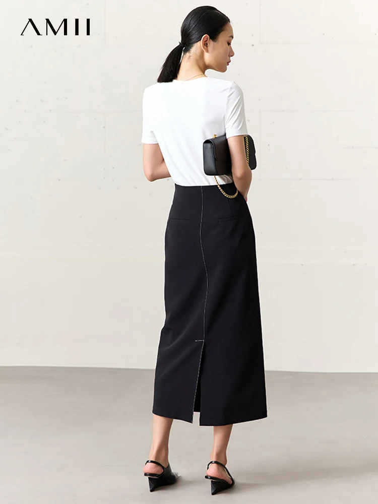 AMII Minimalism Women Black Skirts 2023 Summer New A-line Office Lady Straight Elastic High Waist Elegant Long Skirt 12342392