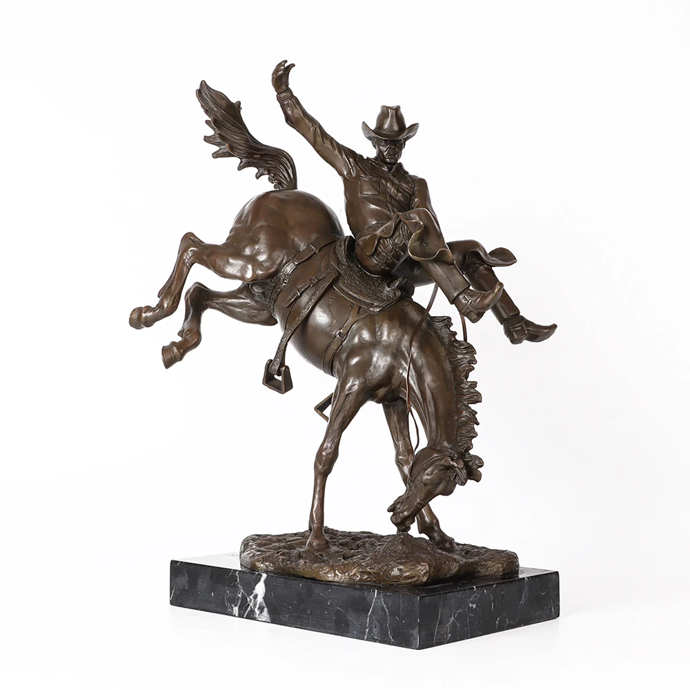 Bronze Western Cowboy on Horse Statue Famous Sculpture Art Hot Casting Wonderful Office Table Decoration