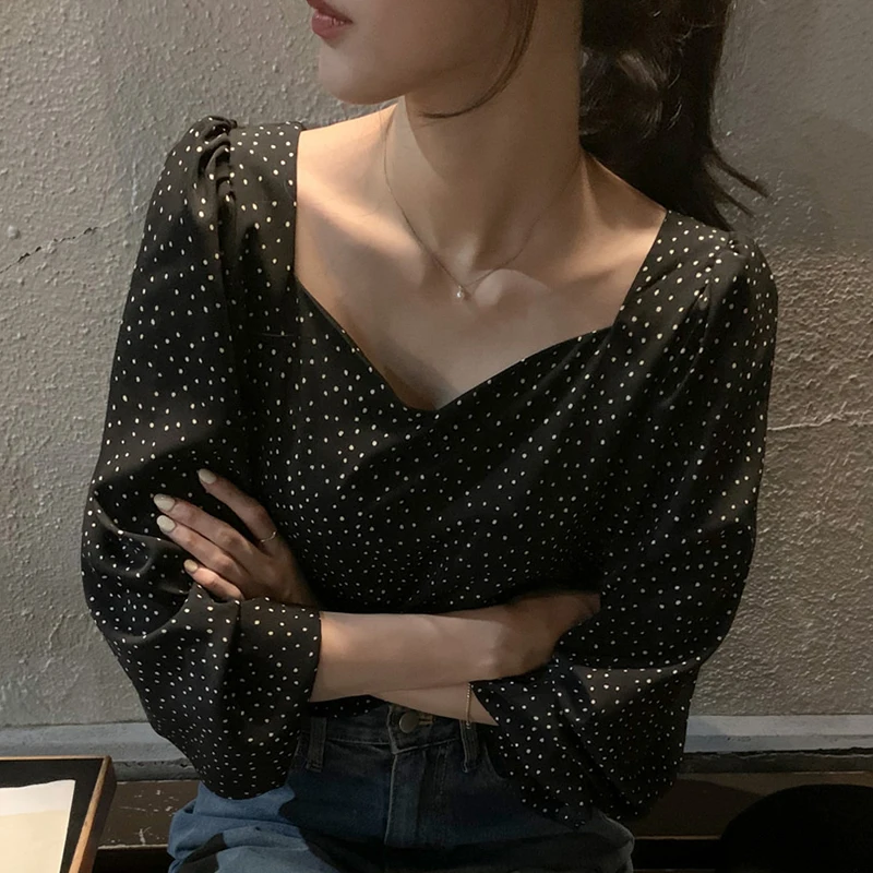 Korean Chic Autumn French Style Retro Square Collar off-Shoulder Contrast Color Polka Dot Design Loose Versatile Long Sleeve Shi