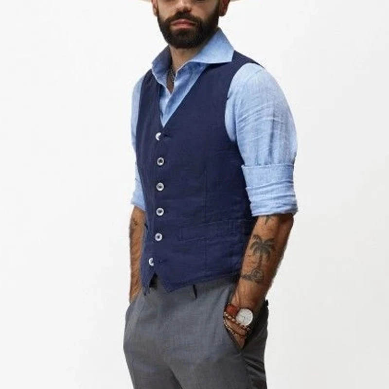 Navy Blue Cotton Linen Vests for Men V-neck Waistcoat Boutique Jacket Casual Vest Groosmen Male Groom Wear Clothing Man