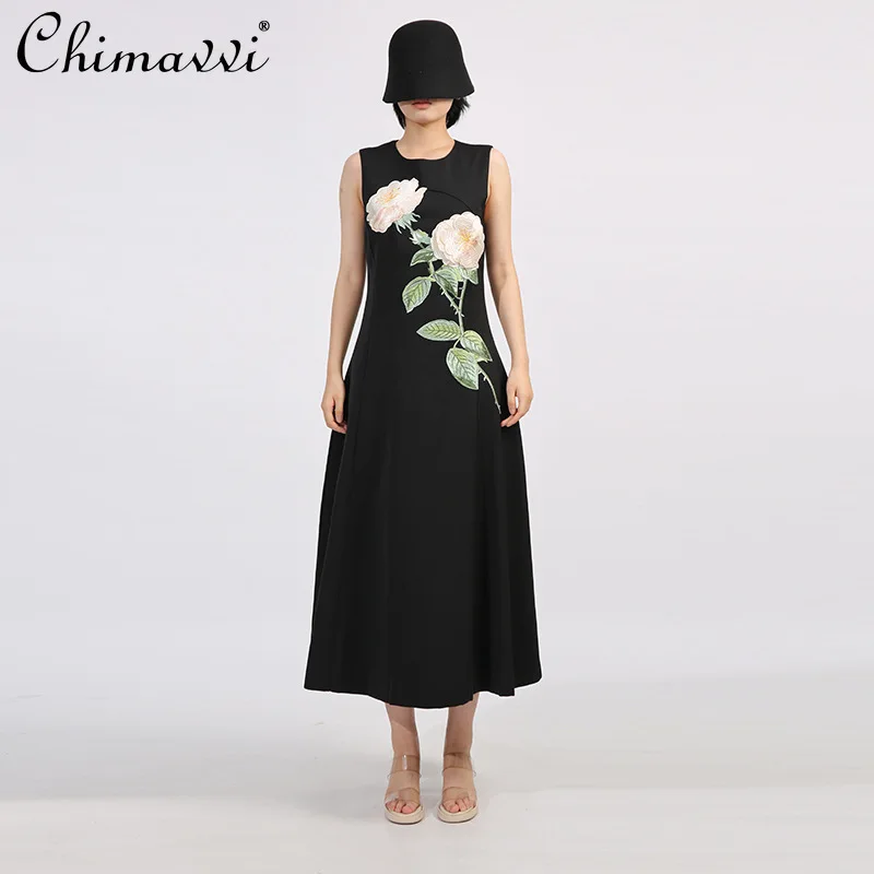 

French Elegant Style Heavy Industry Embroidery Floral Round Neck Sleeveless High Waist Slim Socialite Evening Long Dress Women