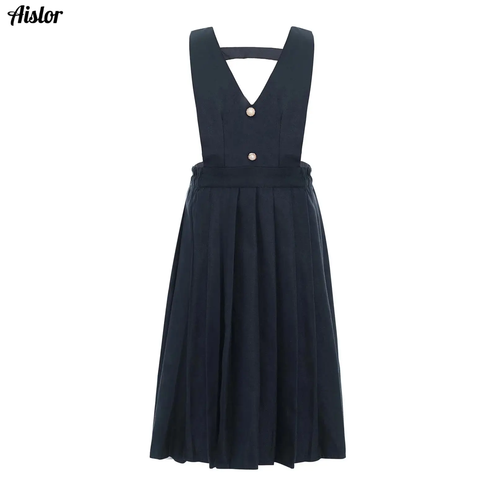 

Kids Girls Slip Dress Preppy School Uniform Summer V-neck Sleeveless Zipper Pleated Overall Dress Chorus Performance Costume