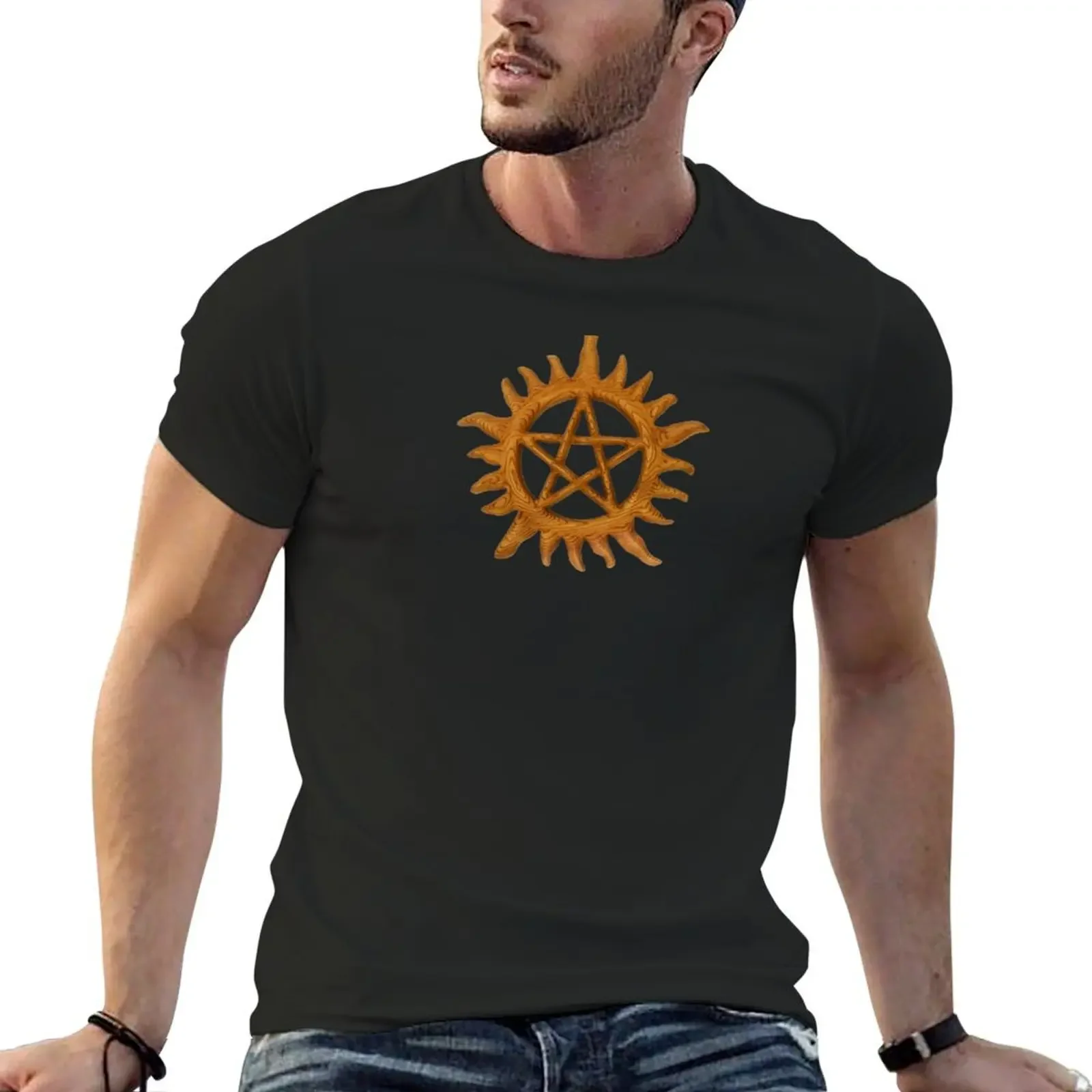 Sunburst Pentacle Wood Anti-Possession Symbol T-Shirt tees man t shirt shirts graphic anime Men's t-shirts