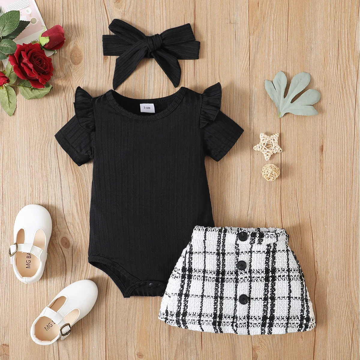 PatPat 3pcs Baby Girl Black Ribbed Short-sleeve Romper and Tweed Skirt with Headband Set Soft and Comfortable Basic Style