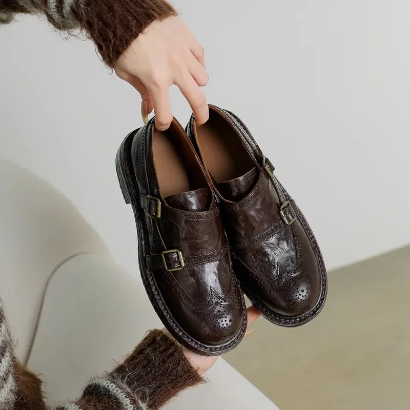 

New British Style Loafers Women Genuine Leather Brown Round Toe Casual Office Leather Shoes Female Oxfords