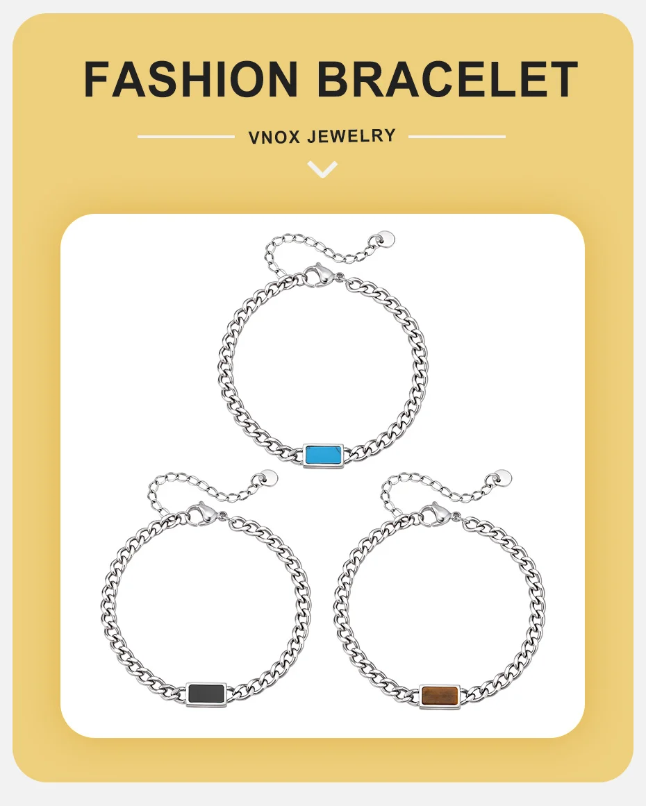 Vnox Herren Kubanische Gliederkette Armband, Edelstahl Verstellbare Kette mit Türkis/Tigerauge/Schwarzem Acryl, Vatertags-Geschenk – Detail 1
