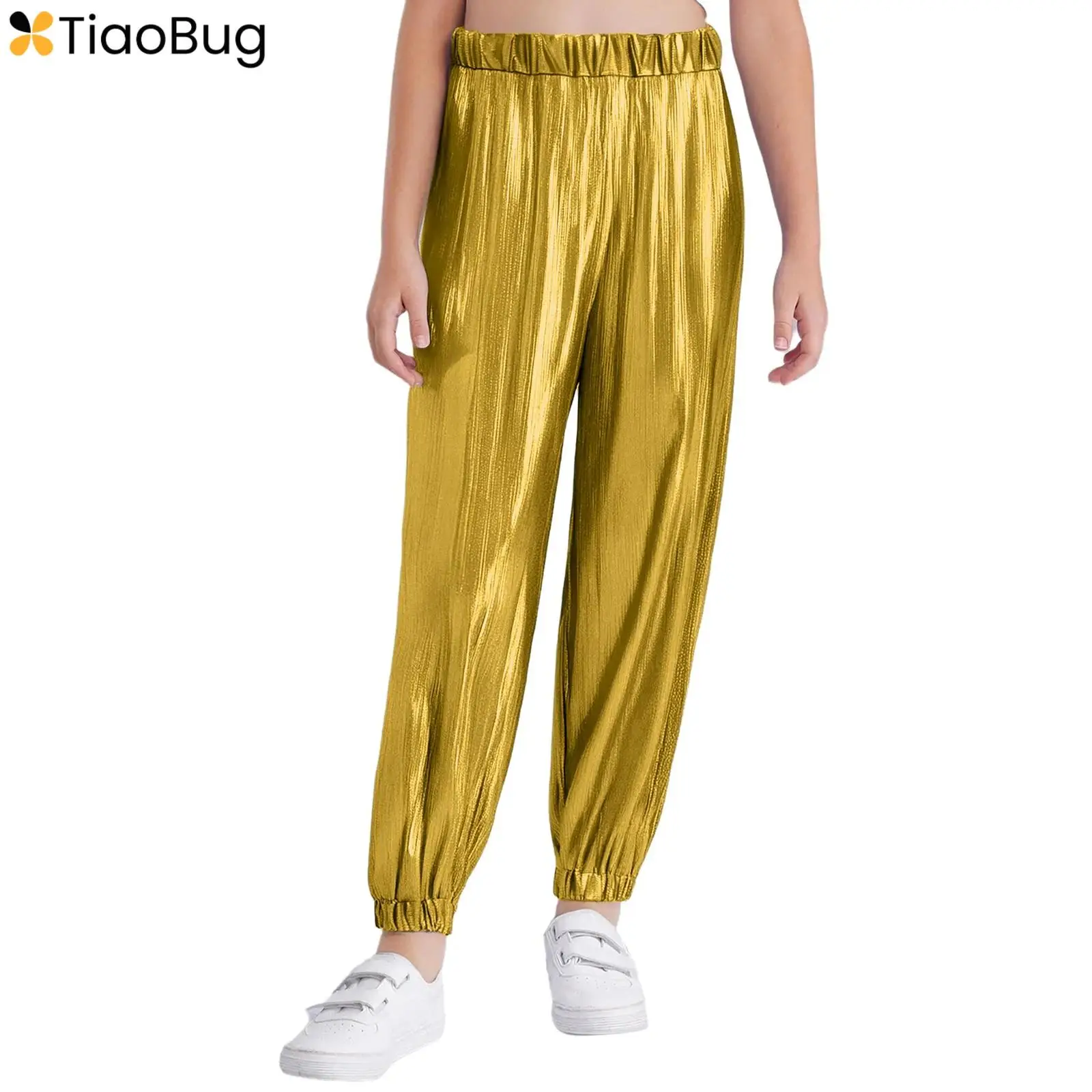 

Kids Girls Hip Hop Jazz Dance Pants Trousers Elastic Waistband Metallic Shiny Ribbed Cargo Pants Stage Performance Sport pants