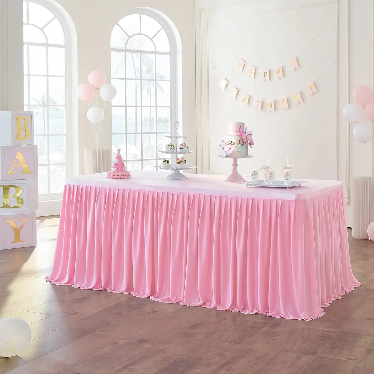 

Solid Elastic Spandex Table Skirt Hotel Banquet Wedding Exhibition Decoration Table Skirt 4/6/9/14FT Stretch Fabric Milk Silk