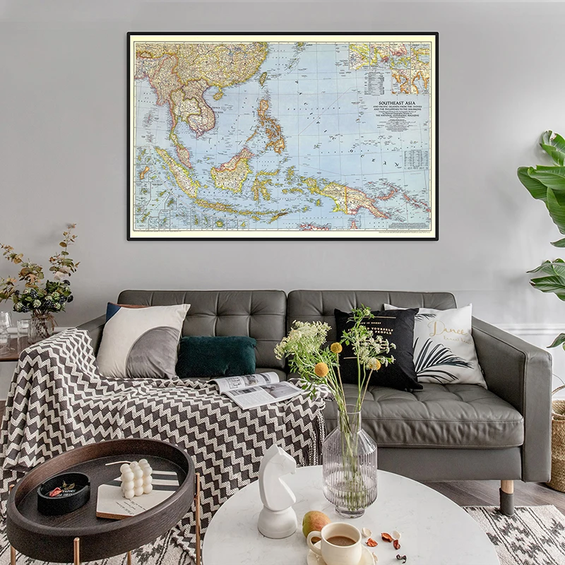 90*60cm Southeast Asia 1944 World Map Horizontal Map World Detailed Poster Wall Chart Paper Kraft Paper Home Office Decoration