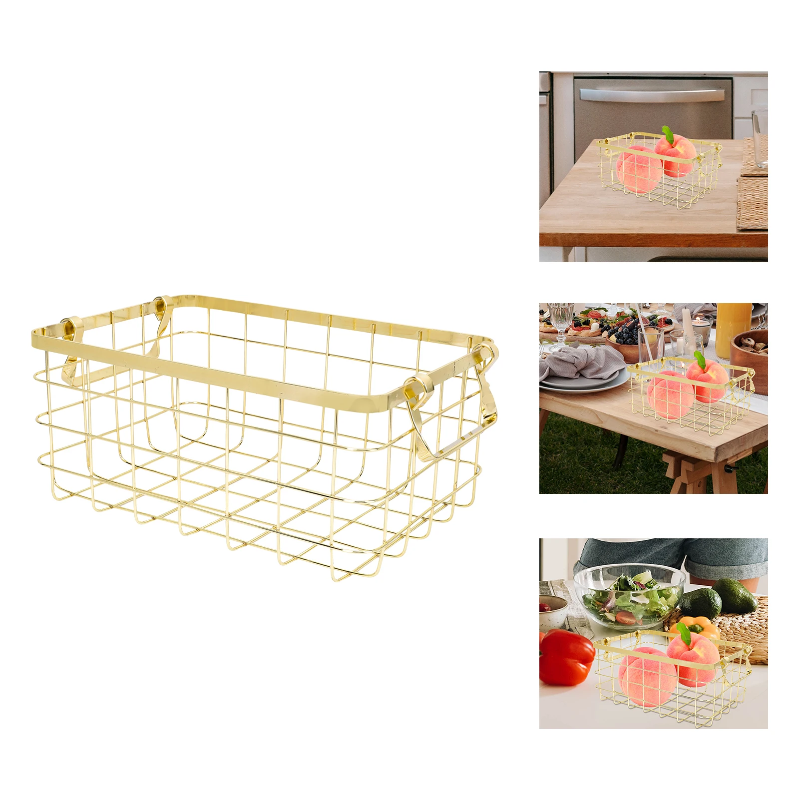

1pcs Storage Basket Golden 28.5X22X14CM Portable Wire Basket With Handle For Home Hotel Fruits Snacks Organization Solution