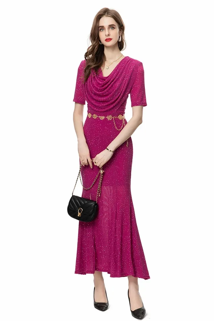 Summer High Quality New Arrivals Women Dress Elegant Sexy Solid Sequins Hollow Out Sashes Trumpet Ankle-Length Dresses